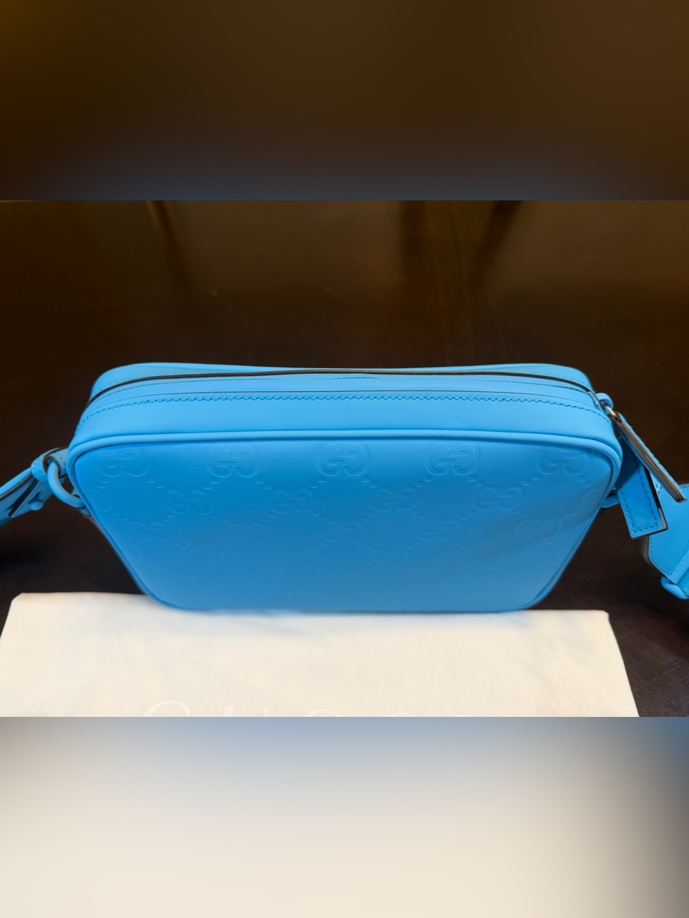 New Authentic Gucci GG Supreme Logo Blue Leather Shoulder Bag - Picture 11 of 16